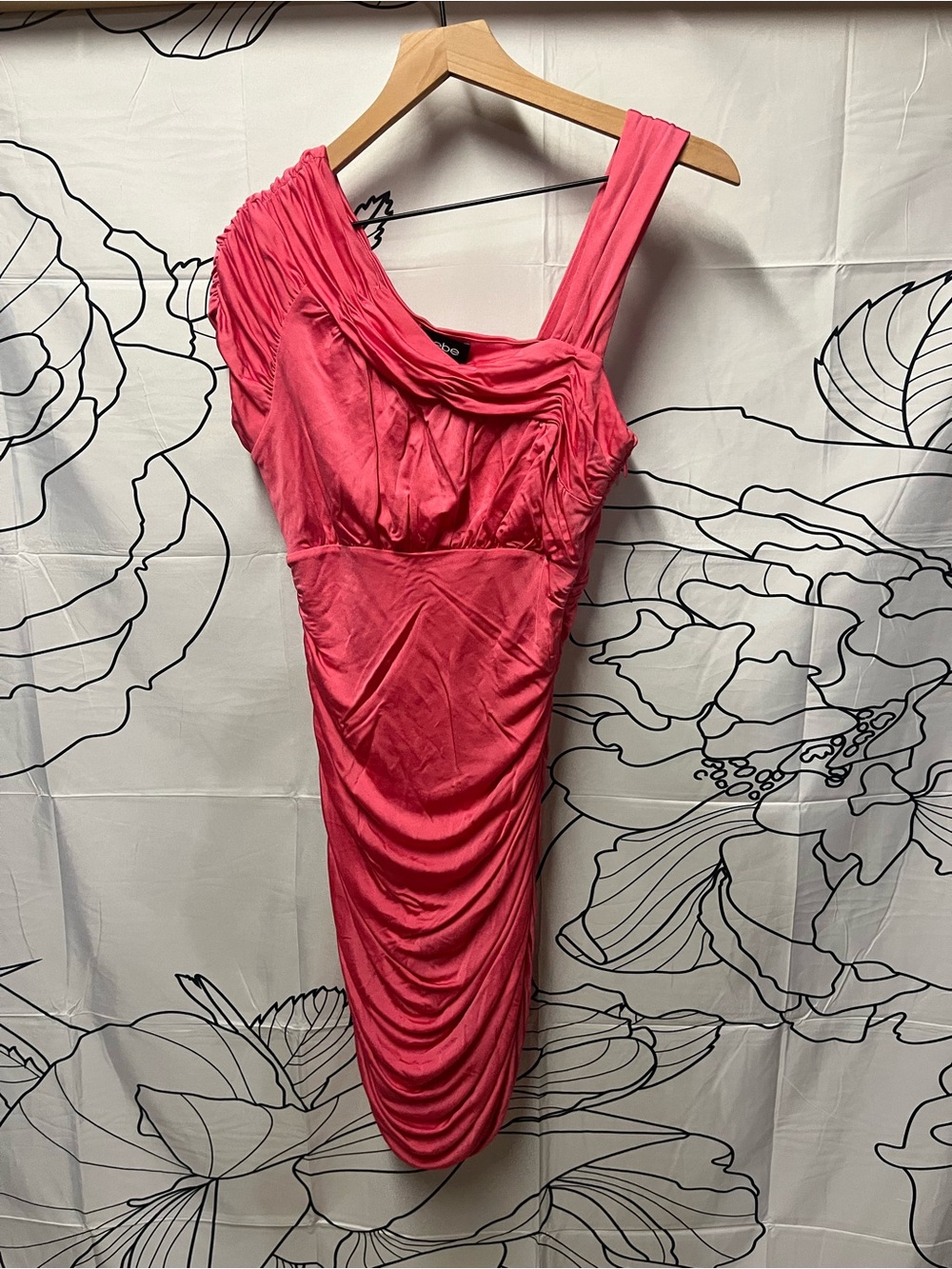 bebe Asymmetrical Ruched Dress in Coral Pink (rack) - Picture 2 of 7